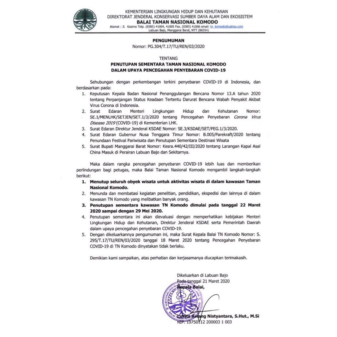 Official Statement of The Closing of Komodo National Park Due to COVID-19